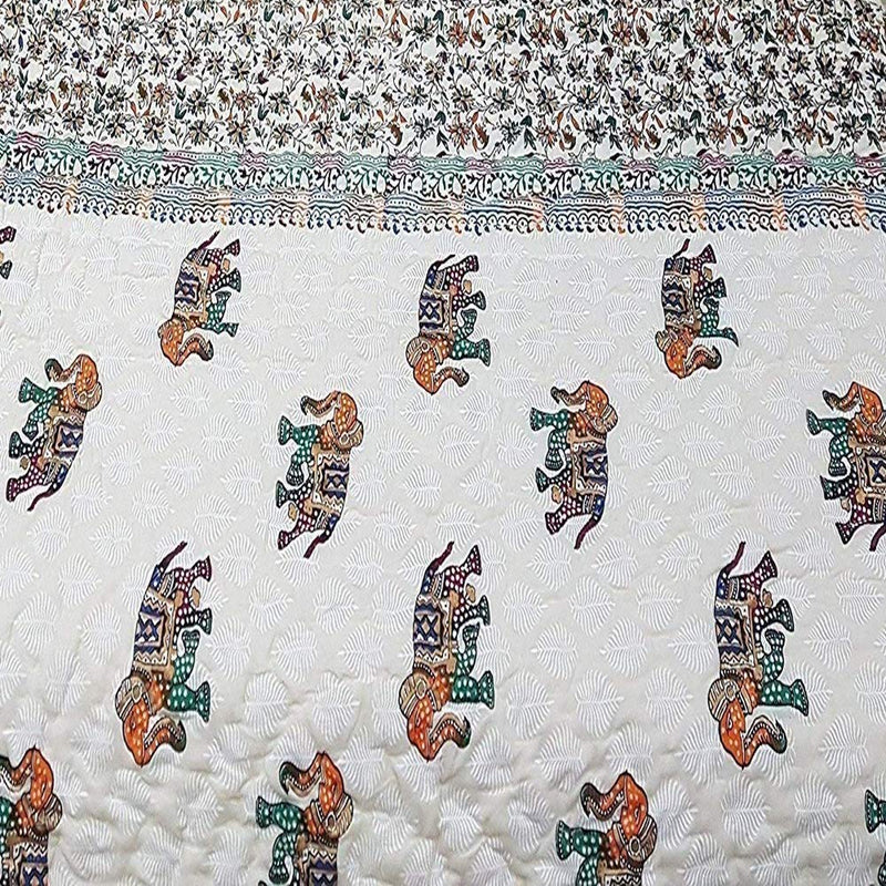 Namaste India Hand Block Printed Soft Cozy Winter Cotton Double Bed Jaipuri Quilt/Razai mforter (90 x105 inches) [Elephant Print]