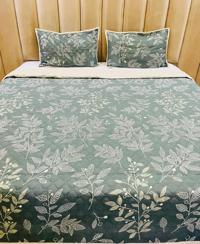 Subtlespreads Premium Cotton Feel Quilted Bedcover for Double Bed King Size with 2 Quilted Pillow Covers - Decorative Bed Cover/Quilted Bedspread Bedsheet, Dark Green Leaves