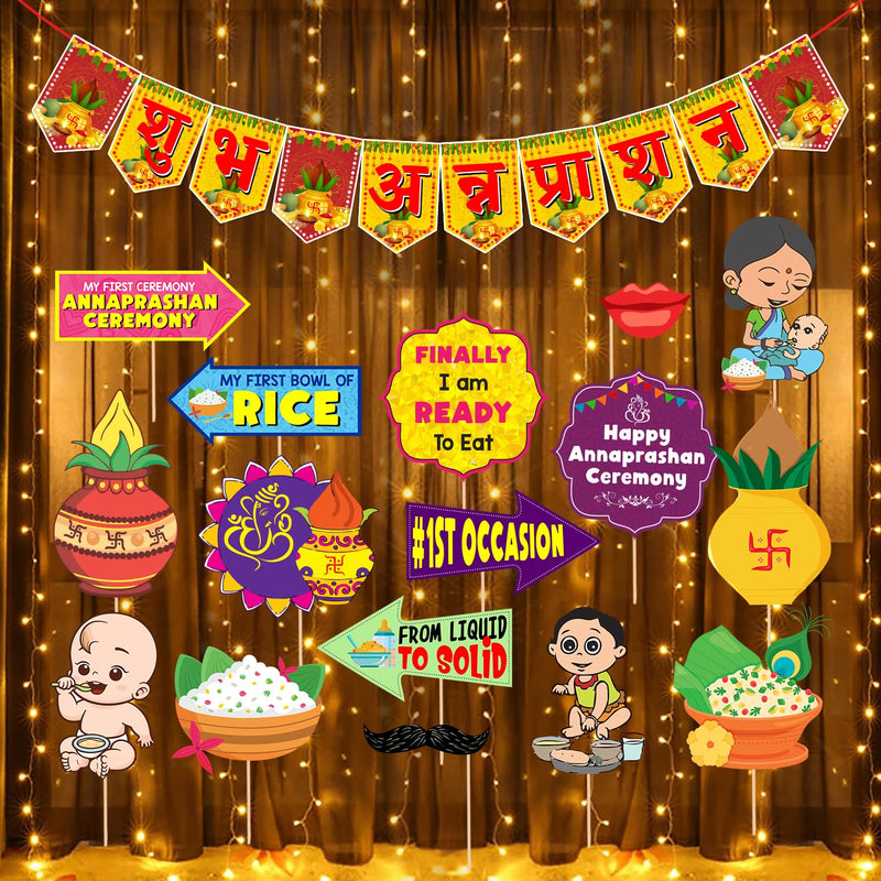 Zyozique ® Annaprasanam Photo Booth Props with Annaprasanam Bunting Banner Hindi Font Shubh Annaprashan | Rice Ceremony Decorations Items (Pack of 18)