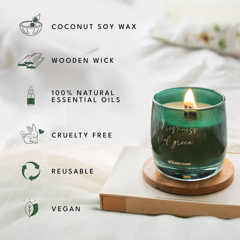 Squish Town Freshness of Green Aromatherapy Scented Candle| Minty & Fresh | Virgin Coconut Soy Wax Candle | Wooden Wick | Non-Toxic and Long Burn | Natural Essential Oil | 200 GMS