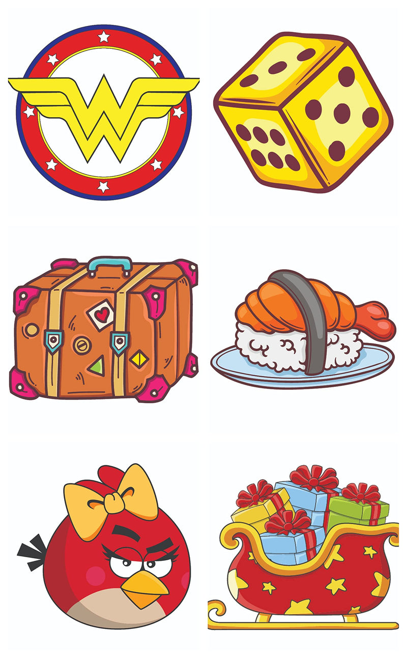 Bhai Please Wonder Woman, Dice, Travel Luggage, Chicken Rice, Angry Bird and Sleigh Wooden Fridge Magnet (Pack of 6 pcs, one pc Each Design)