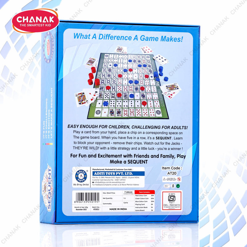 Chanak Make A Sequent Board Game, Sequence Board Game, Strategy & Logic Challenging Game with Foldable Board, Plastic Chips & Cards, for Kids Above 7 Years (BIS Approved).