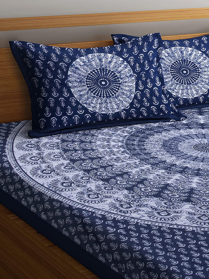 BedZone 120 TC Cotton Blend Mandala Printed Jaipuri Bedsheet for Double Bed King Size with 2 Pillow Covers, Blue