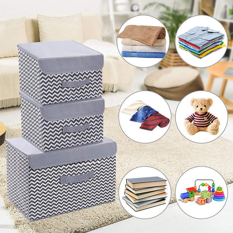 House of Quirk 3 Pack Foldable Storage Bin with Lid and Handle, Versatile Storage Baskets Boxes for Toys, Clothes, Papers, Books, Makeups (Wave, Grey)