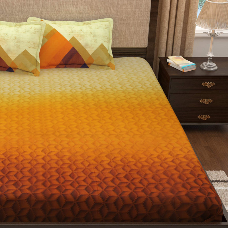 Story@Home 300 TC Tevel Collection King Size Bedsheet Cotton with Two Pillow Covers, Mustard and Brown, Pattern Abstract