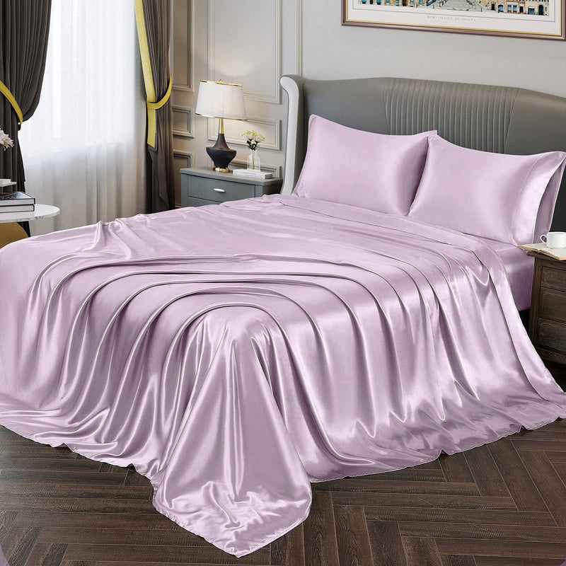 Vonty Satin Sheets Full Size Silky Soft Satin Bed Sheets Luxury Lavender Satin Sheet Set, 1 Deep Pocket Fitted Sheet + 1 Flat Sheet + 2 Pillowcases