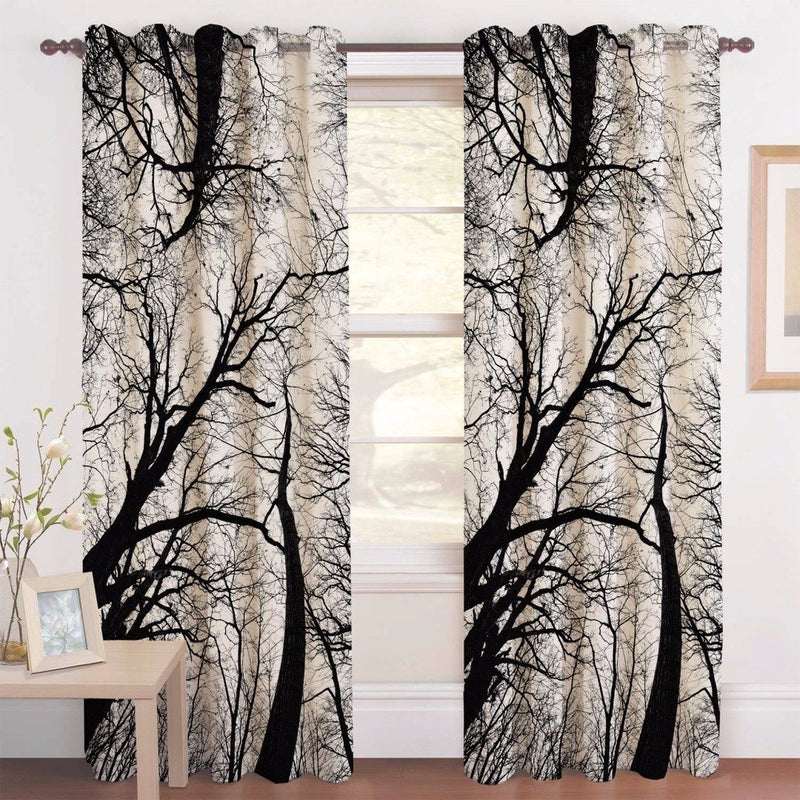 Laying Style Digital Printed Tree Design Matching Panel White Crystal Eyelet 70% Blackout Polyester 4 x 7 ft Door Curtain (Black) -Set of 2 Pieces