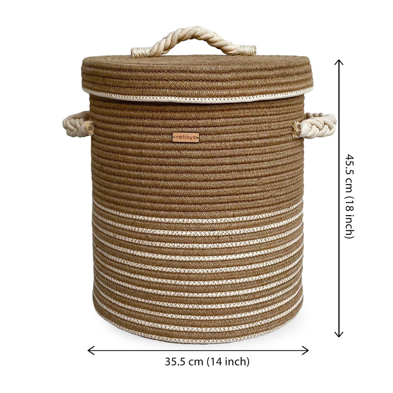 Nobbys Jute Cotton Striped Laundry Basket with Lid and Bottom Spacers (14"D x 18"H) - (2024 Edition)