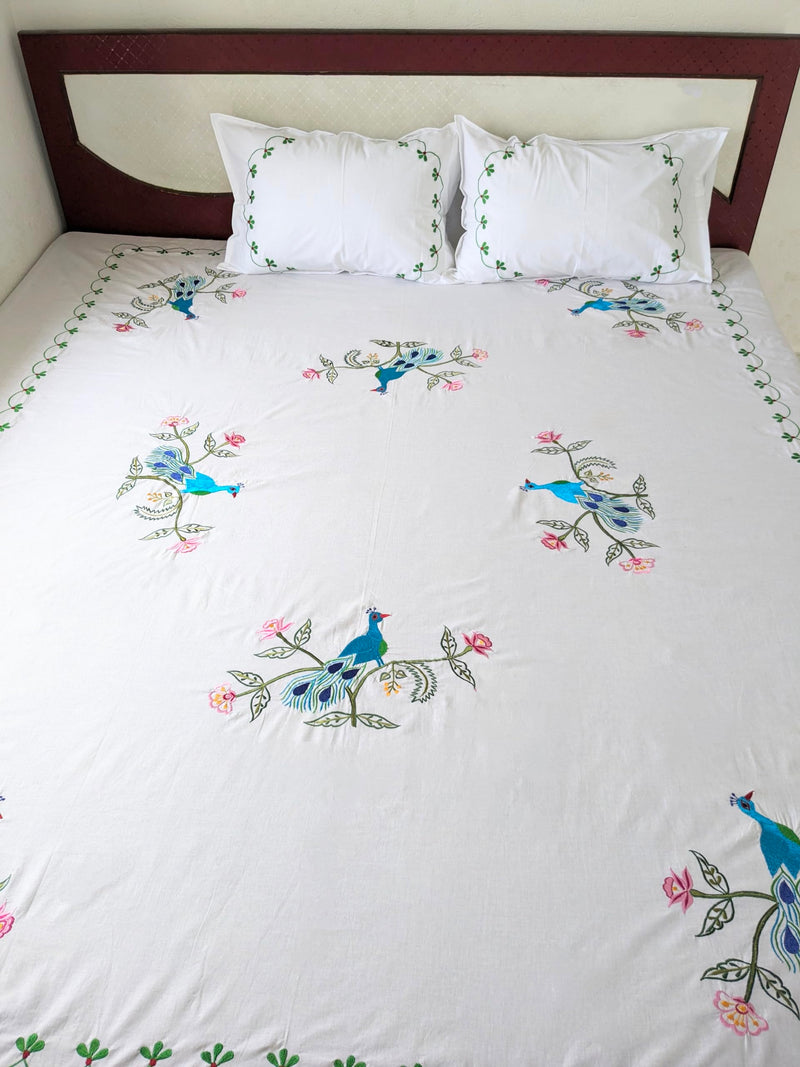 Tutli Putli King Size Embroidery Bedsheet Peacock with Two Pillow Covers (White 2)