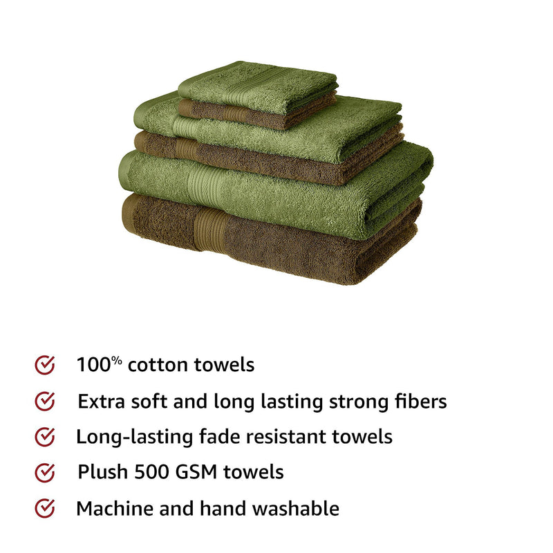 Amazon Brand - Solimo 100% Cotton 6 Piece Towel Set, 500 GSM (Sepia Brown and Olive Green)