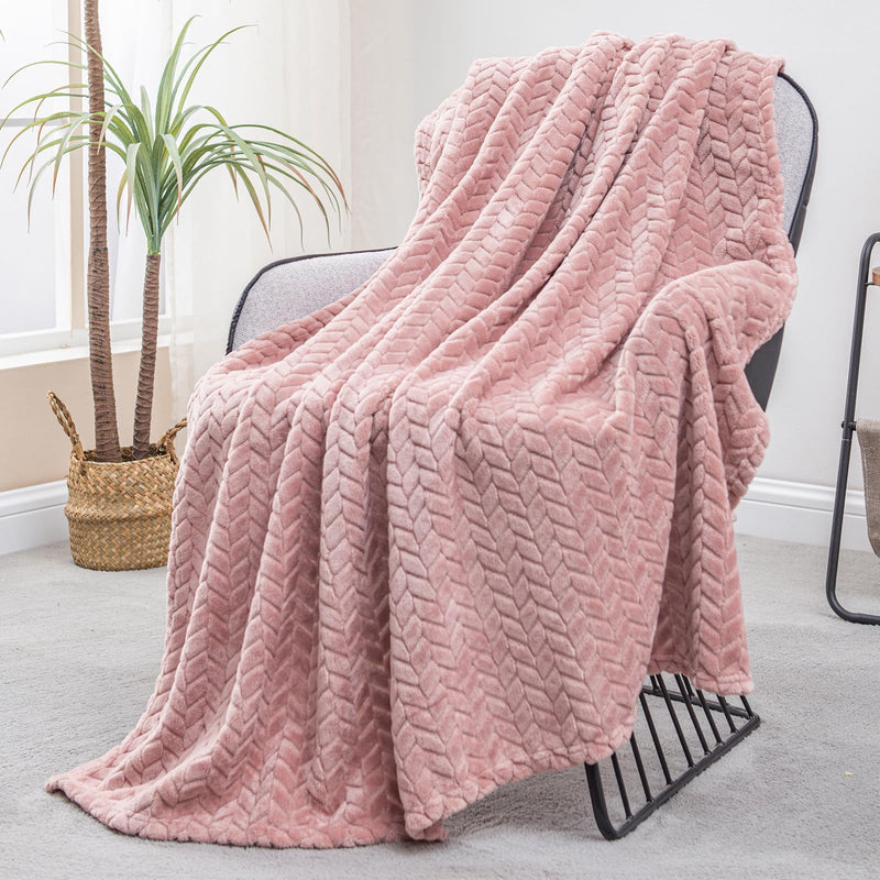 Exclusivo Mezcla Large Flannel Fleece Throw Blanket, Soft Jacquard Weave Leaves Pattern Blanket (50" x 70", Dusty Pink) - Cozy, Warm, Lightweight and Decorative