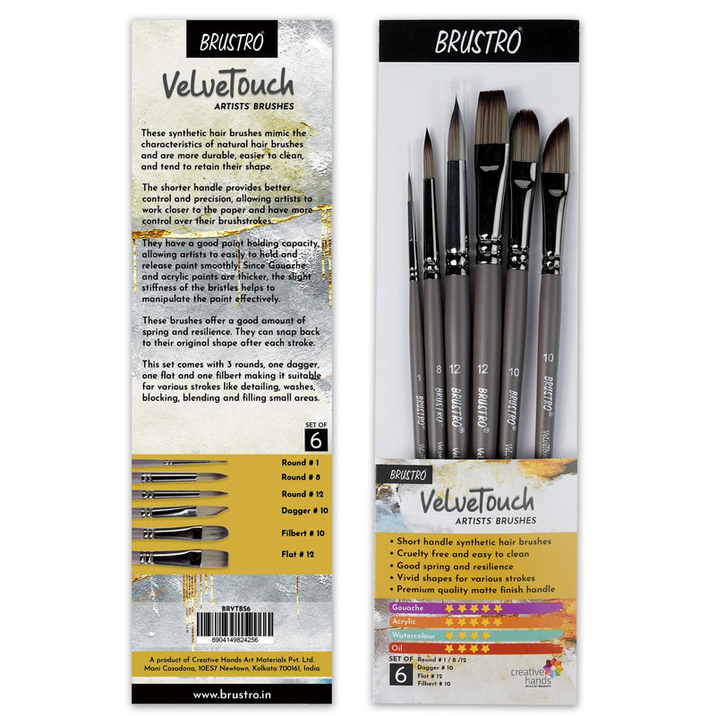 Brustro VelveTouch Artist Brushes for Gouache, Acrylics, Watercolor, and Oil. Brush Set of 6