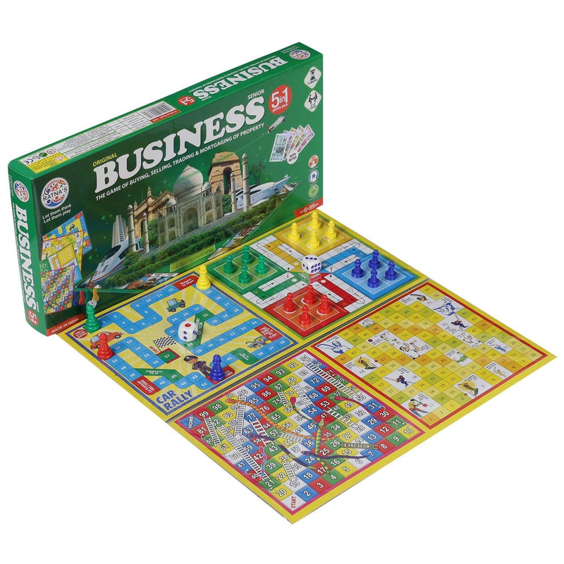 BKDT Marketing Business India Board Game 5 in 1 Board Game with Other Games Like Ludo, Snakes Ladder, Car Rally & Cricket (Senior Business with Notes)