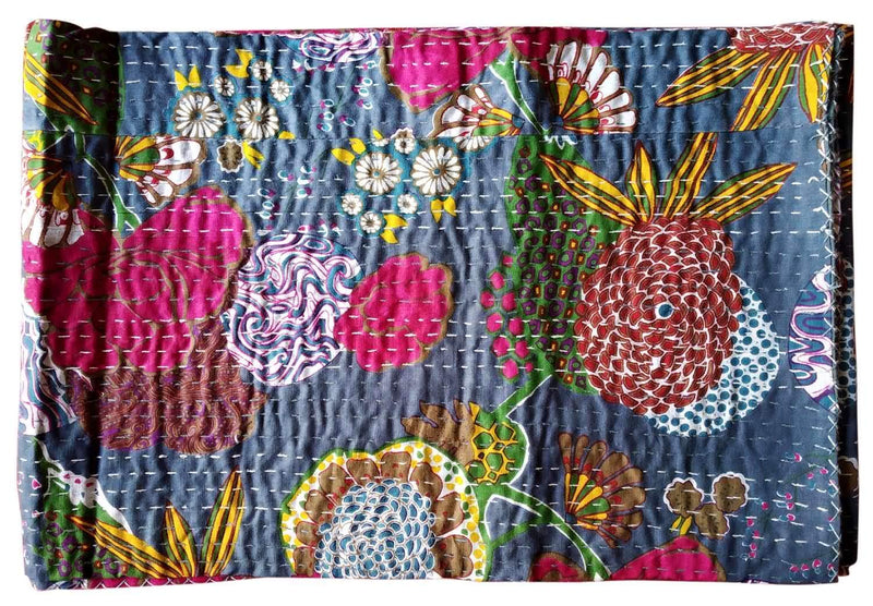 Textile Work Creations Handmade Quilt Cotton Kantha Bed Cover Home Decor (Multicolour, 60x90 Inch)