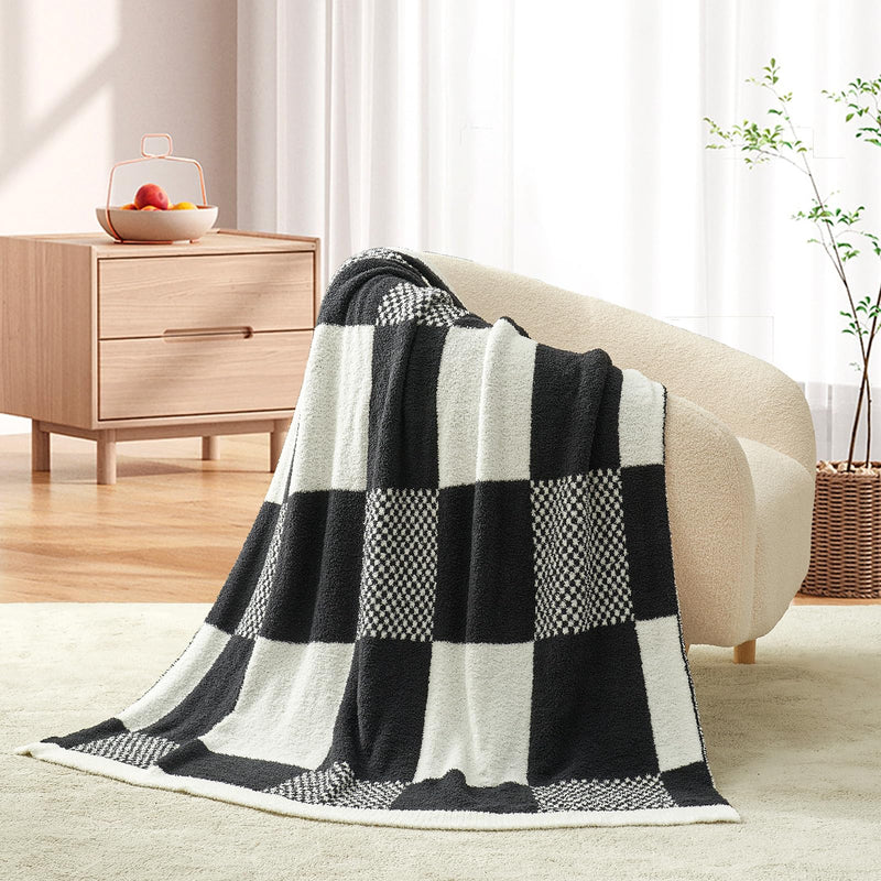 Snuggle Sac Checkered Blanket, Black Throw Blanket for Couch Plaid Microfiber Fluffy Warm Fuzzy Cozy Soft Throw Blanket Reversible Checkerered Blankets for Sofa, Chair, Bed, 50x60 inches