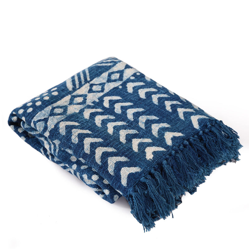 Ravaiyaa - Attitude is everything Traditional Handloom Cotton Sofa & Bedding Couch Throw Sanganer Handmade Printed Blanket (Indigo Blue and White)