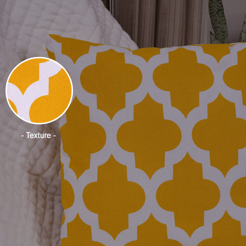 HOMEMONDE Cotton Cushion Cover 16 X 16 Inches - Set Of 2 Quatrefoil Pattern Sofa Pillow Covers, Yellow, 250 TC