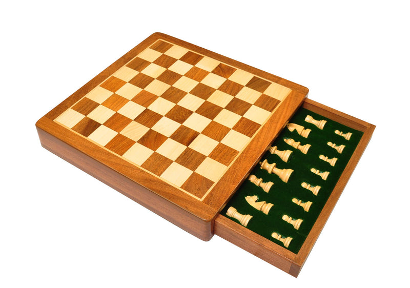 PALM ROYAL HANDICRAFTS 12 Inches Handmade Drawer Wooden Chess Board Set Made With Indian Rosewood | Inbuilt Storage Compatment For Chessmen - (12 X 12 Inches) Brown, Big Kid