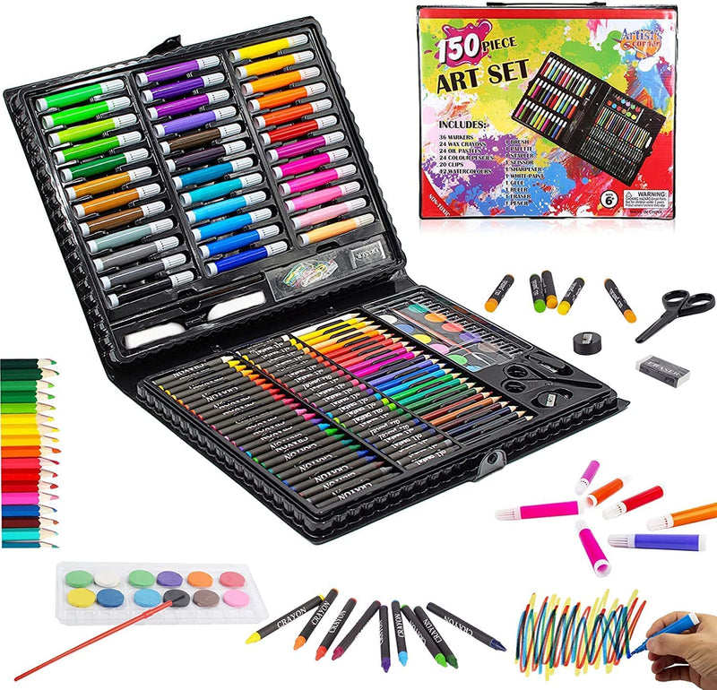 Shuban Deluxe 150-Piece Art Set & Drawing Kit - Perfect Christmas and Rakhi Gift - Includes Crayons, Oil Pastels, and Colored Pencils Other Stationary Item (Black Box)