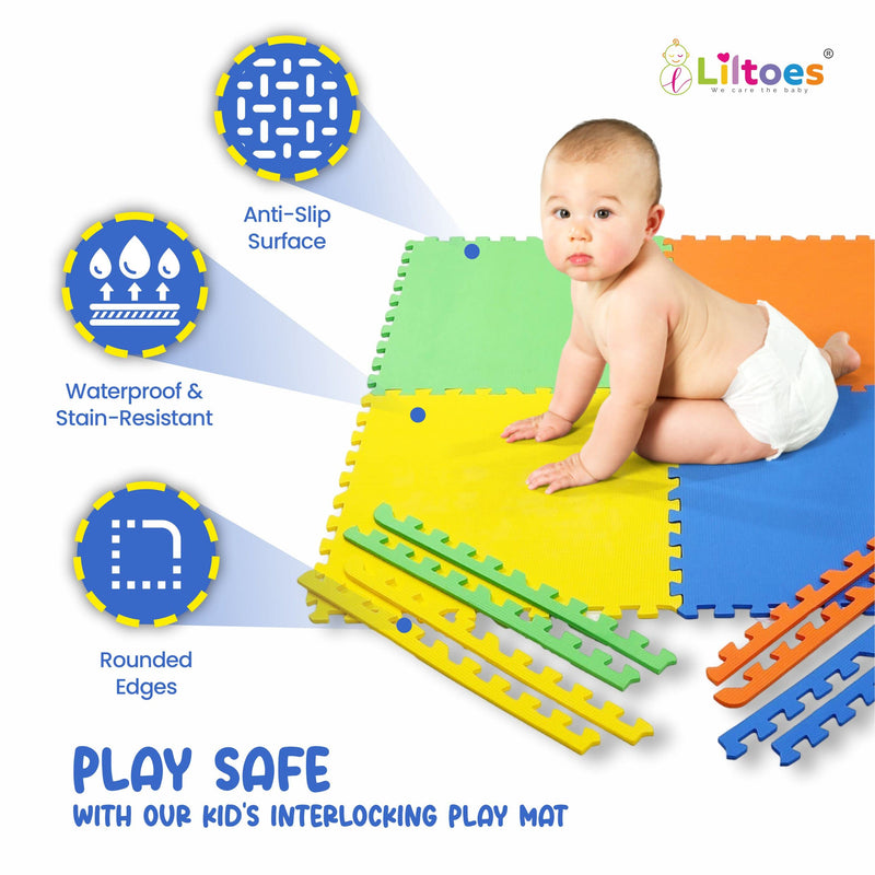 LILTOES EVA Interlocking Play Mat -12 mm Thick | Floor mat for Kids - Set of 8 Tiles (Multicolour)