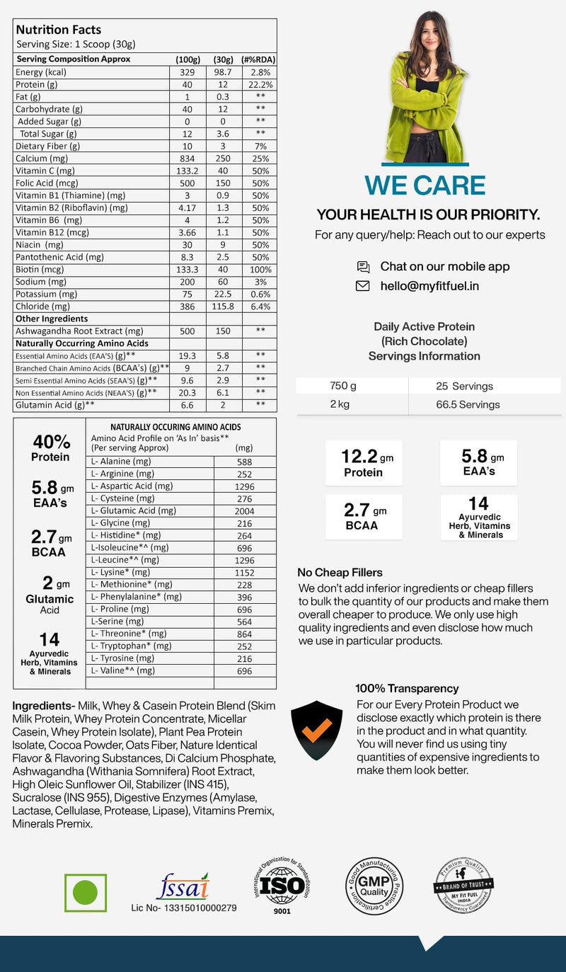 MyFitFuel Daily Protein Shake, Whey & Casein, 5 Proteins, Calcium, Ashwagandha, Vitamins, 750g, Chocolate