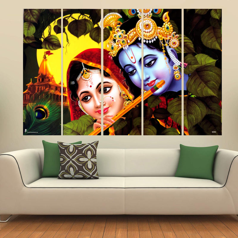 KYARA ARTS Big Size Multiple Frames, Beautiful Radha Krishna bansuri Wall Painting for Living Room, Bedroom, Office, Hotels, Drawing Room Wooden Framed Digital Painting (50inch x 30inch)