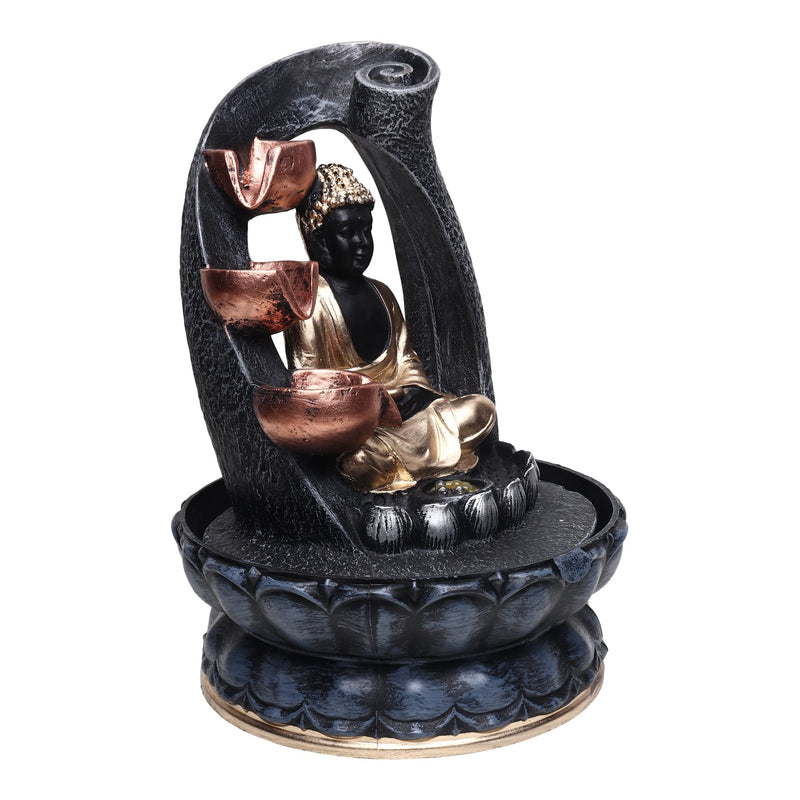 SPLICE Resin Buddha Water Fountain with LED Light 3-Tier Indoor Water Fountain for Home and Office Decoration Showpiece