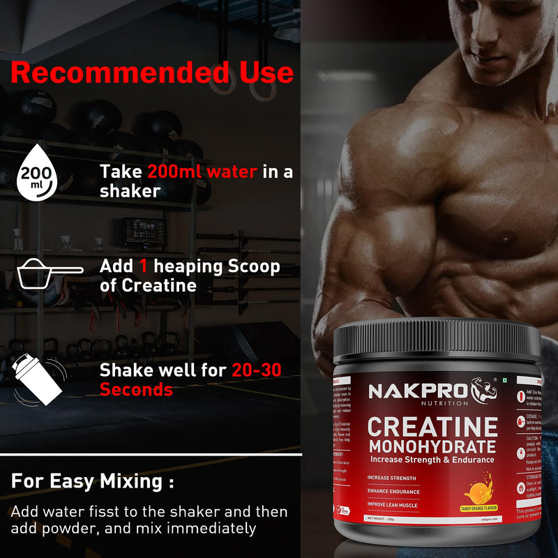 NAKPRO Micronized Creatine Monohydrate - JAR | Highest Grade, Fast Dissolving & Rapidly Absorbing Creatine helps Muscle Endurance & Recovery (Tangy Orange, 250g)