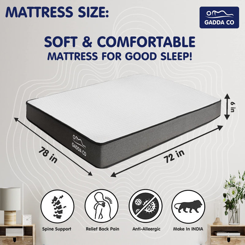 GADDA CO Mattress | 10 Years Warranty | Orthopedic Mattress Double Bed, 6-Inch Bed Mattress, King Size, Hard & Soft Foam for Dual Comfort (White, 6x6.5 feet / 78x72 inches)