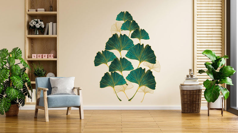 Merical Golden Green Leafs| Size 80 X 58Cms | Wall Stickers for Home, Hall, Bedroom, Kitchen and Living Room