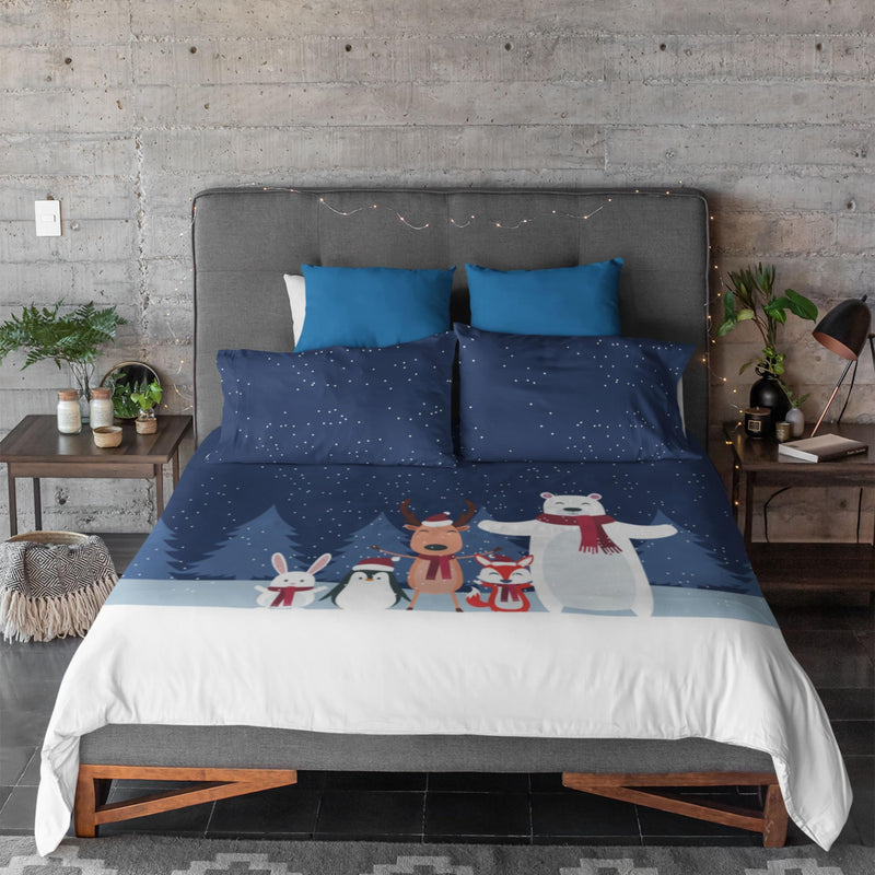 TheYaYaCafe Printed Bedsheet for Christmas with Matching Pillow Cover | (Christmas Character 105x108 Inches)