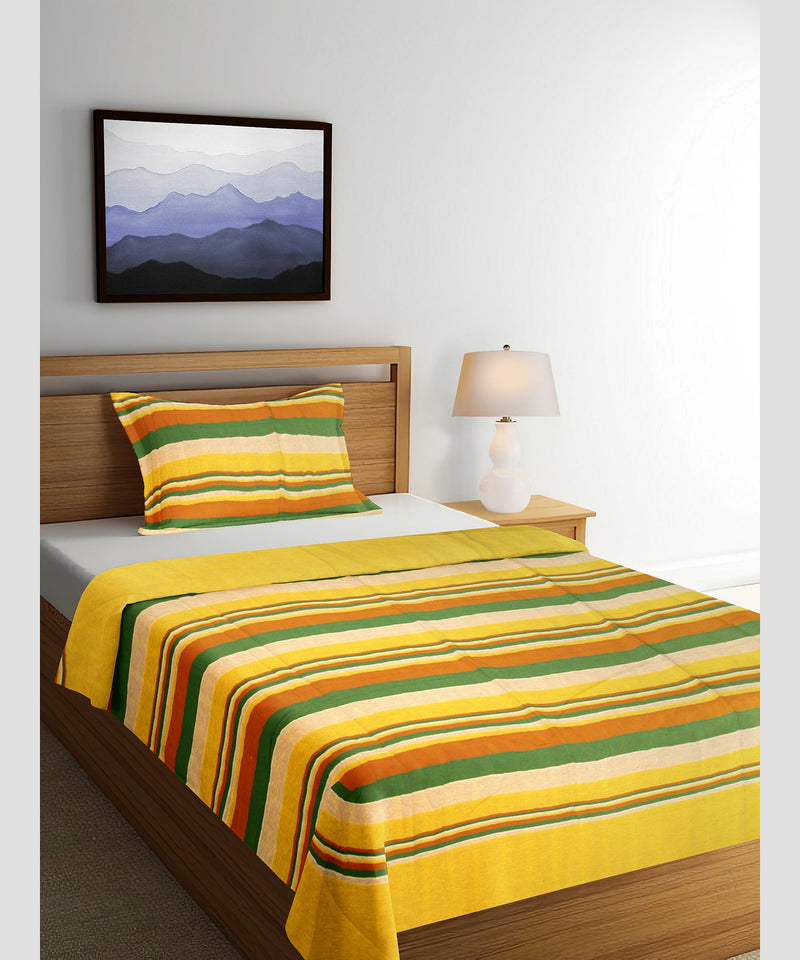 Saras Aajeevika|Handmade Cotton Single Bed Sheet|Yellow Green Line|310 GSM|Hand Block Print|Luxury Soft Sheets|90x60 inches|Yellow Green Line|0.668 Grm