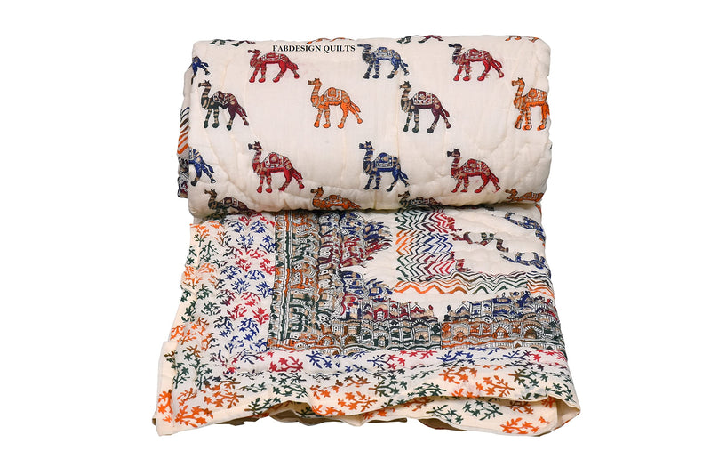 SIBLEY Pure Cotton Soft Jaipuri Razai Traditional Elephant with Hawa Mahal Hand Block Print Single Bed Winter Ac Quilt Blanket (Multicolor) (60X90 Inche)