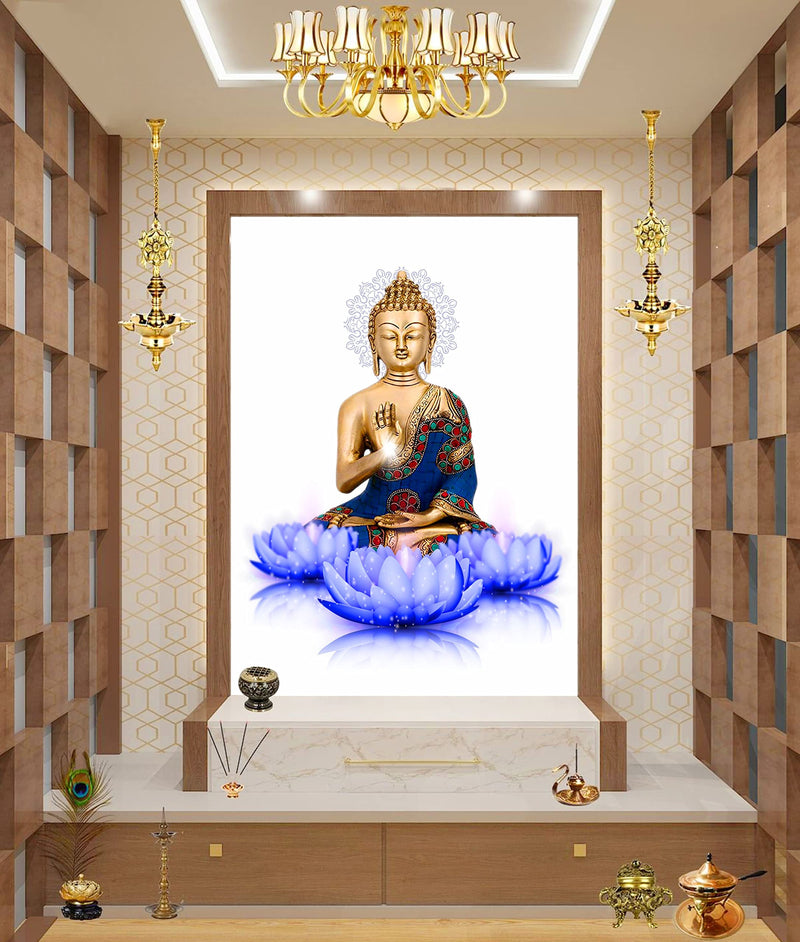 DivineDesigns™ Purple Flowers Buddha Wall Sticker (PVC Vinyl, 51 cm x 61 cm, Multicolour)