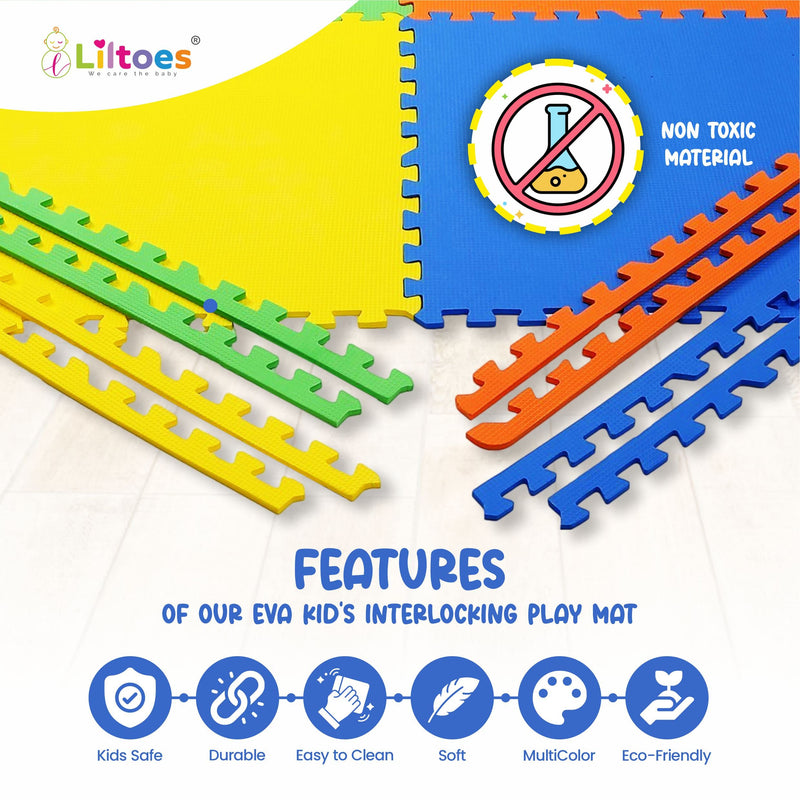 LILTOES EVA Interlocking Play Mat -12 mm Thick | Floor mat for Kids - Set of 8 Tiles (Multicolour)