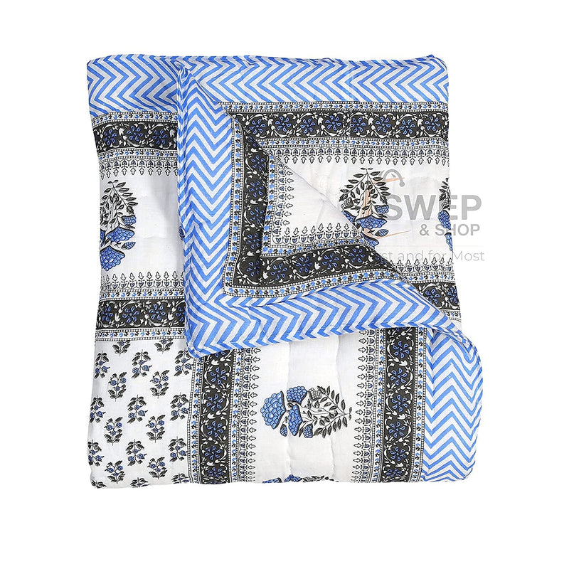 LOARSHY Pure Cotton Floral Printed Quilt | Lightweight and Warm Jaipuri Rajasthani Single Bed Razai | Soft Razai for Winters | Gift Item (Light Blue, Pack of 1, TC-250)