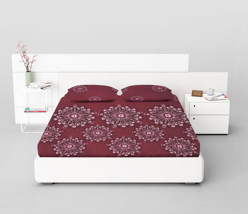 AAA FLIPSTAR Cotton Feel Glace Cotton Elastic Fitted Printed King Size Double Bed Bedsheet with 2 Pillow Cover(72" x78) (red Rangoli)