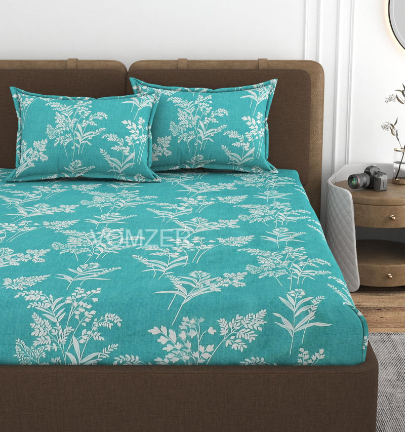 VOMZER 320 TC Cotton Feel All Around Elastic Fitted Bedsheets King Size, Premium Fitted Bedsheets King Size for Double Bed with 2 Pillow Covers, Size- 78” x 72” (Aqua Lily)