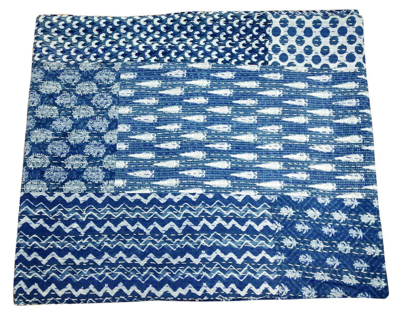 Kirti Textiles and Handicraft Indigo Patch Work Cotton Handmade Block Print Kantha Blanket (Blue, 90x108 Inch)