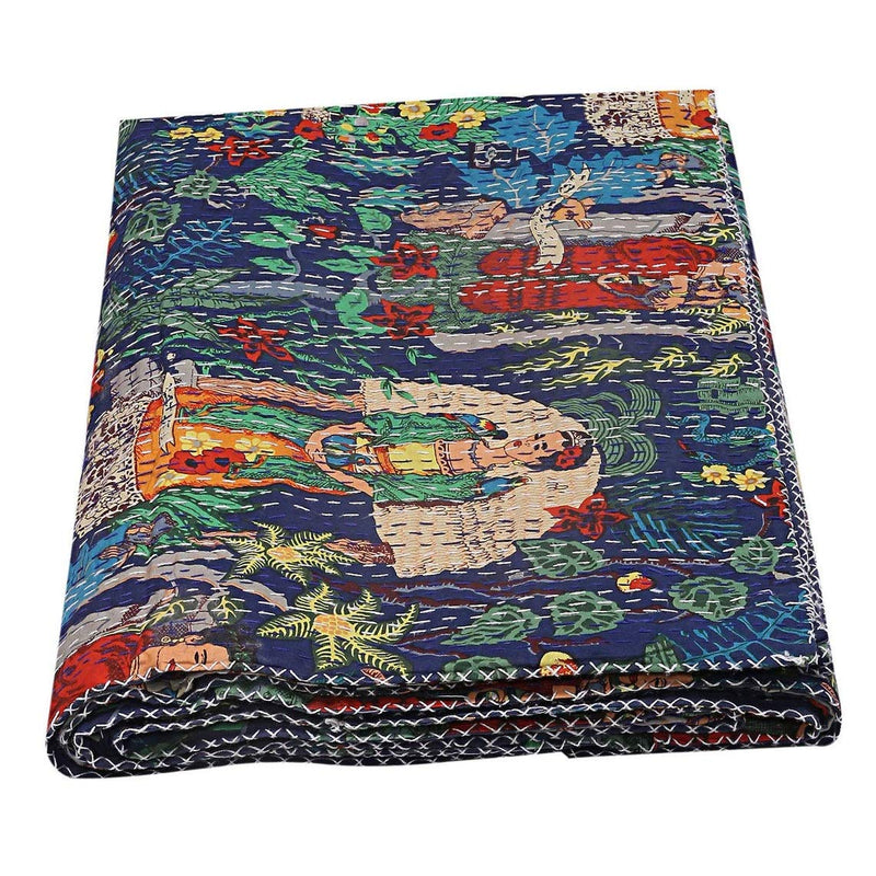 Textile Work Creations Blue Frida Handmade Quilt Cotton Kantha Bed Cover Home Decor(Multicolour, 90 x 108 Inch