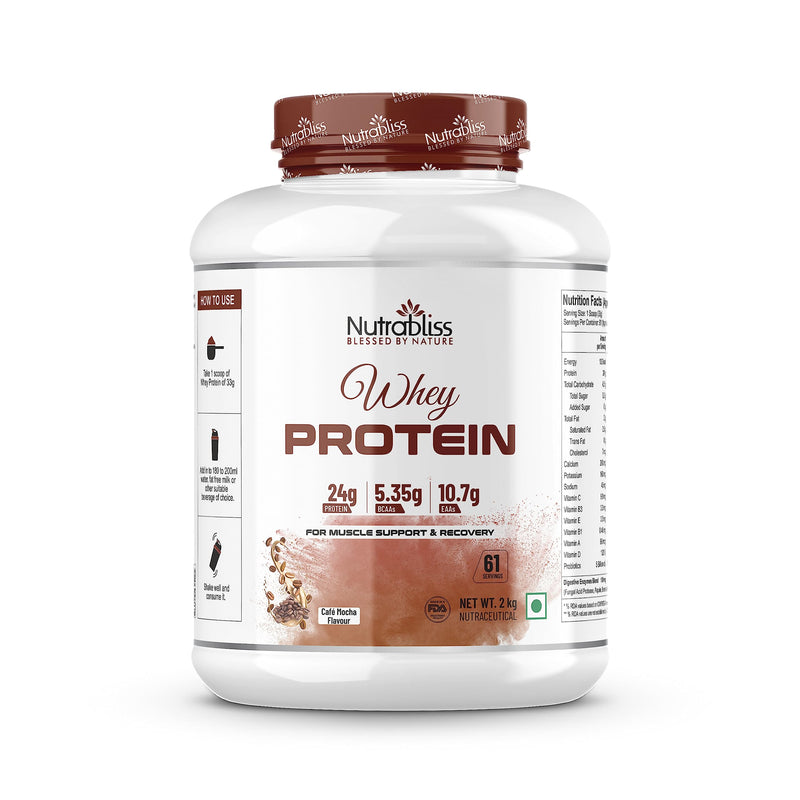 Nutrabliss Premium Pure Whey Protein Concentrated blended with digestive enzymes and probiotics | 100% tested and guaranteed Whey Protein - 24 Gram Protein per serving (Cafe Mocha, 2 Kg)