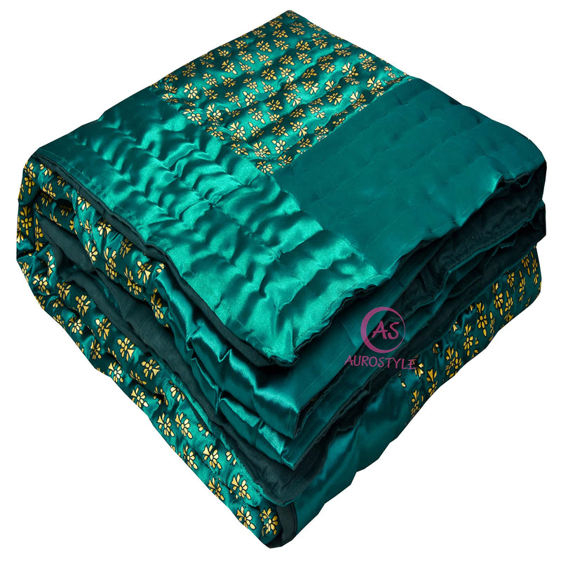 AUROSTYLE Rajasthani Cotton Filled Light Weight Silk Soft Jaipuri AC Quilt Dohar Over All Floral Print Design Blankets for Home (85x100 Inch,Rama Green Butti Print, Double Bed)