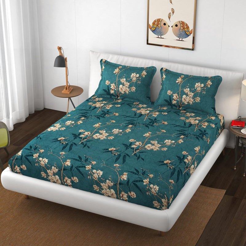 VAINE Premium Heavy Cotton Flat Bedsheets with 2 King Size Pillow Covers || Double Bed 350 TC || 90 x 100 Inch King Size Flat || Green Flower