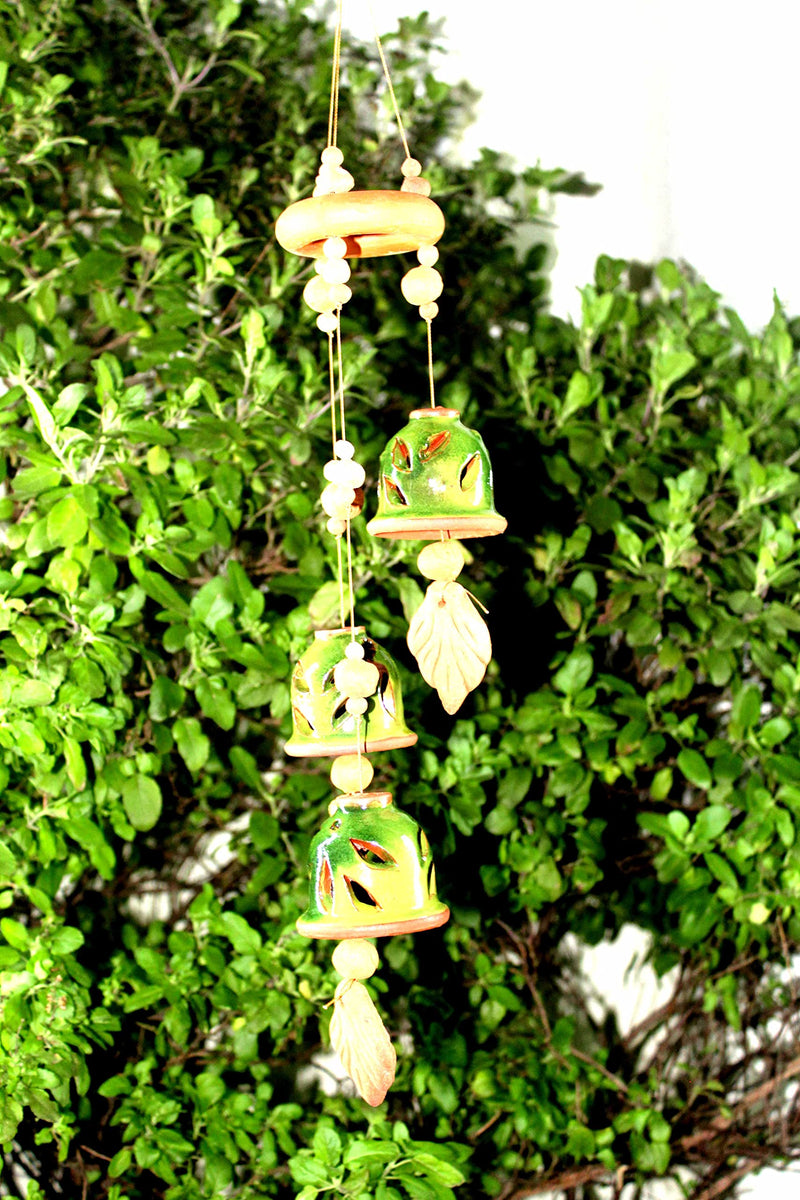 SULFAX Present A Terracotta Ceramic Coated Green Wind Chimes with (Three Bells) of Ring Design Handmade Craft with Melodious Sound Bells.( Size :- 36 cm Long )