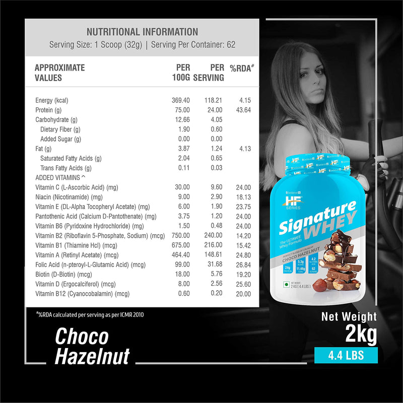 HF Series Signature Whey Protein Powder|62 servings|Build Lean and Bigger Muscle|2Kg|Flavour-Choco Hazelnut