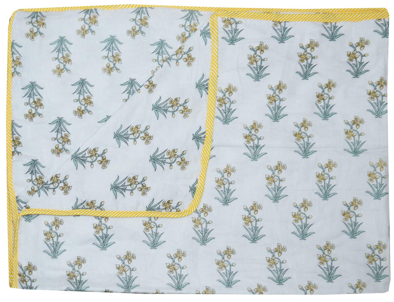 Fab Casa Pure Cotton Printed Jaipuri Sanganeri Hand Block Print Fabric Baby Dohar Malmal Cotton Quilt (Yellow)