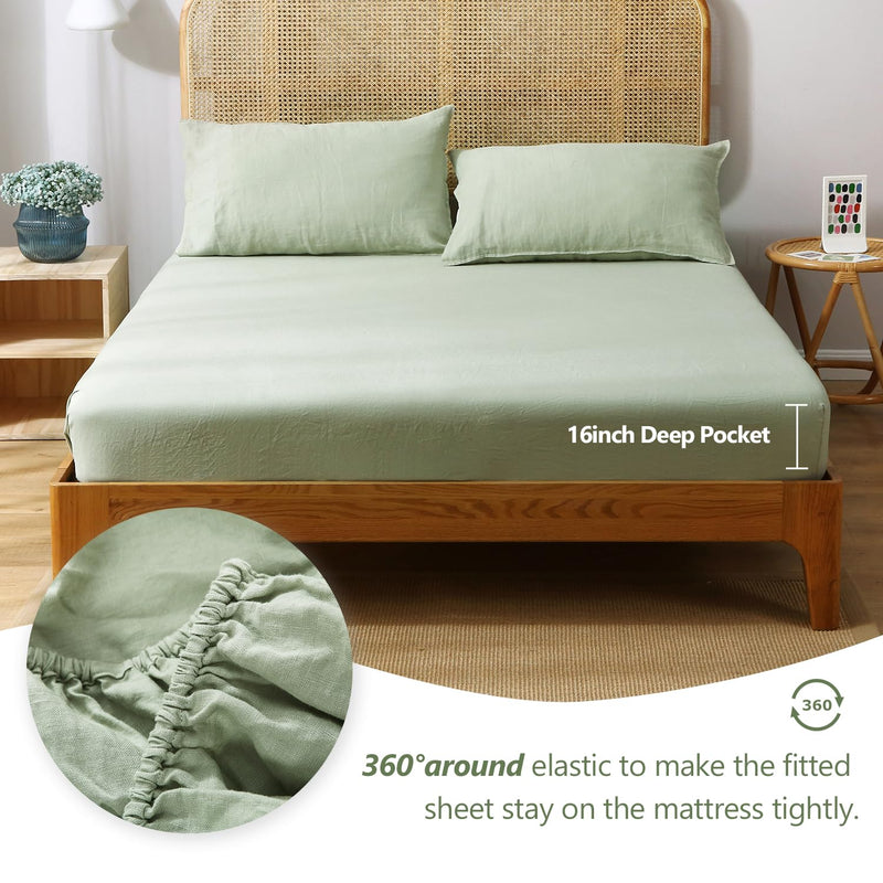 Victory Symbol 100% French Natural Linen Bedding Ultra Soft Stone Washed 4 Piecces Sheets Set(Light Green,Full)