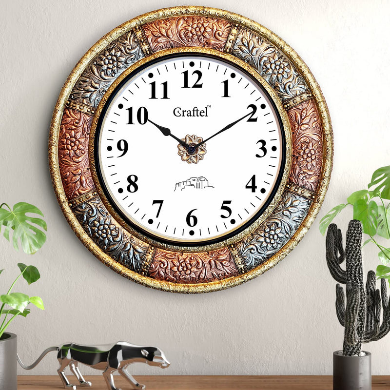 CRAFTEL Brass And Copper Heavy Embossed English Dial Abstract Wall Analog Clock For Bedroom Living Room Home (Gold/Copper 18 X 18 Inch)