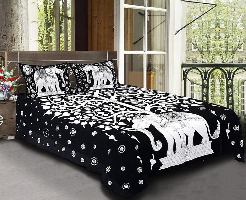 Jr Print Oxy Lifetree Elephant Jaipuri Double Bedsheet King Size 100% Cotton,Black