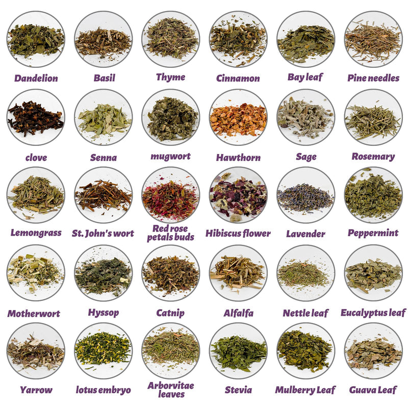 Witchcraft Supplies Herbs - 30 Pack Dried Herbs Kit for Beginners - Altar Supplies Healing Herbal Natural Herbs Crystal Spoon for Wicca, Pagan Magic Spells and Bath